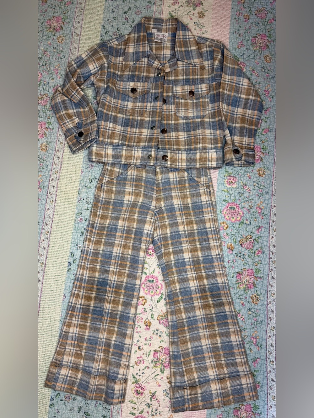 VTG 70s Billy the Kid Plaid Jacket and Flared Denim Pants Set Blue Beige 3T/4T